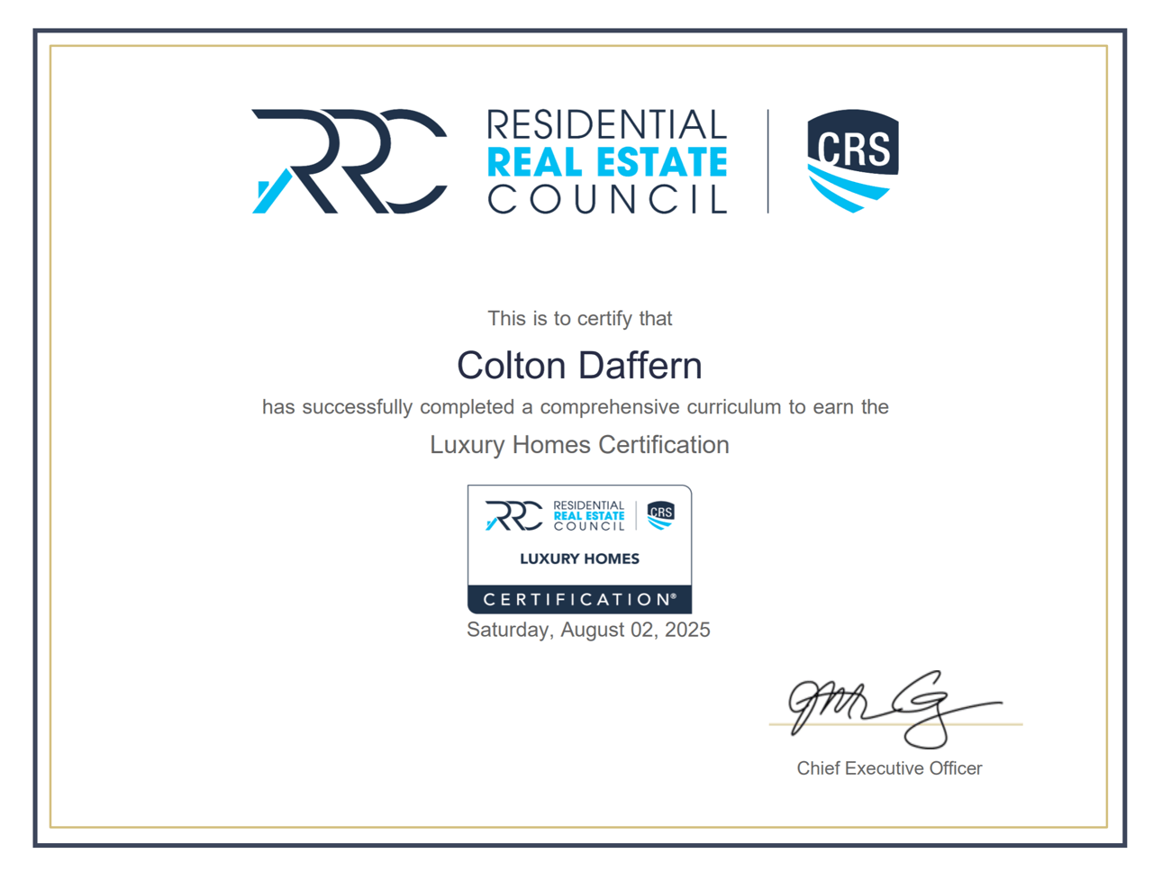 Colton Daffern’s Luxury Homes Certification from the Residential Real Estate Council.