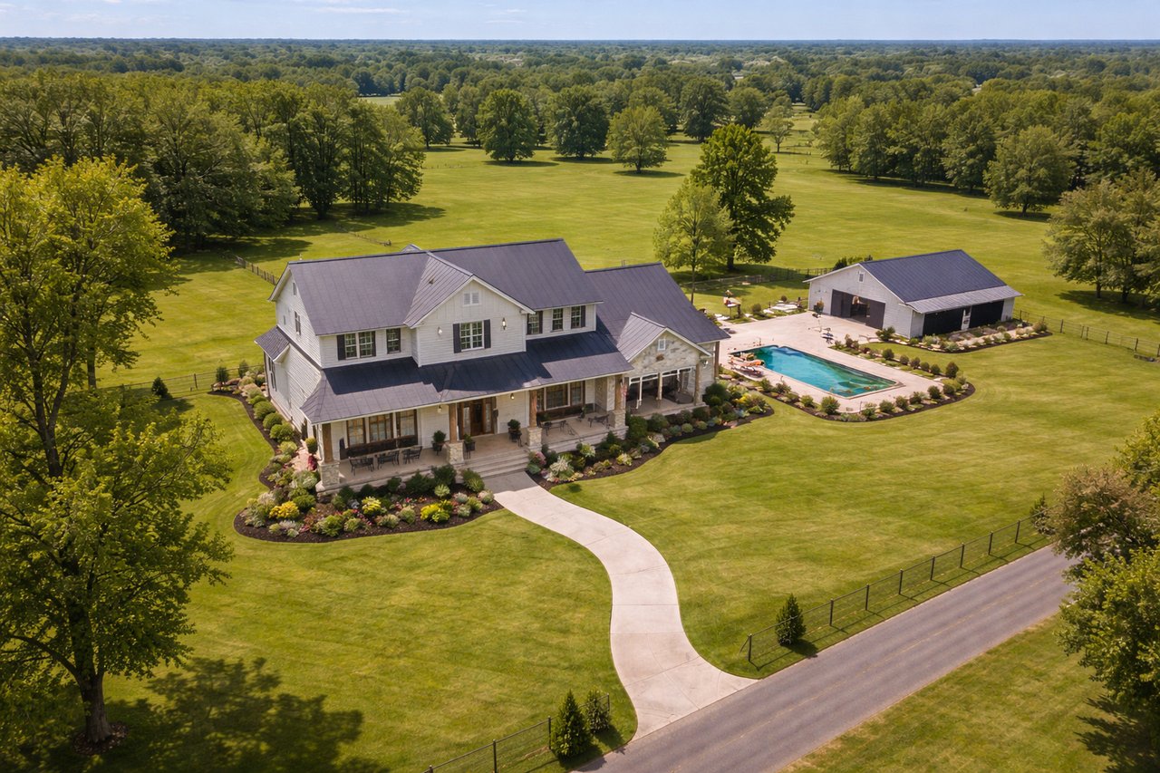 Large two-story home with a swimming pool, detached outbuilding, landscaped grounds, and sweeping lawns.