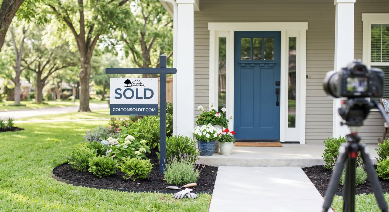 Gray house with a blue front door, SOLD sign, flower beds, and a camera on a tripod.