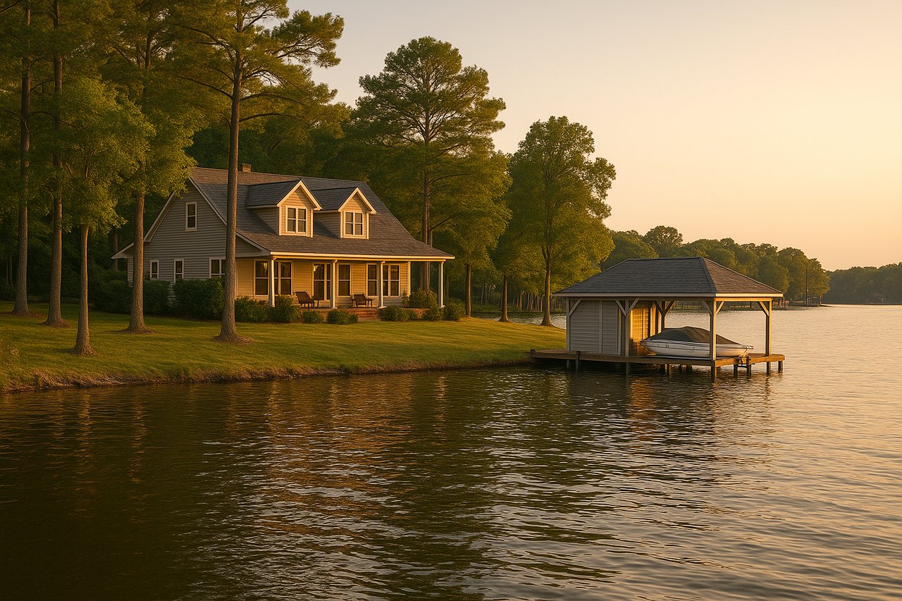 Lakeside home among tall trees, with a covered boat dock and boat at golden hour.