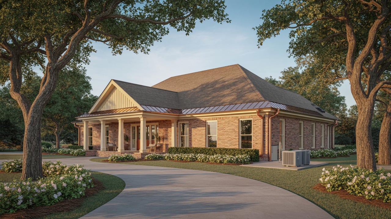 Single-story brick building with a columned entrance, hipped roof, landscaping, and a curved driveway.