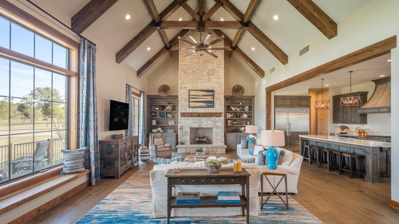 Open-plan living room with a stone fireplace, exposed timber beams, and large windows overlooking a golf course.