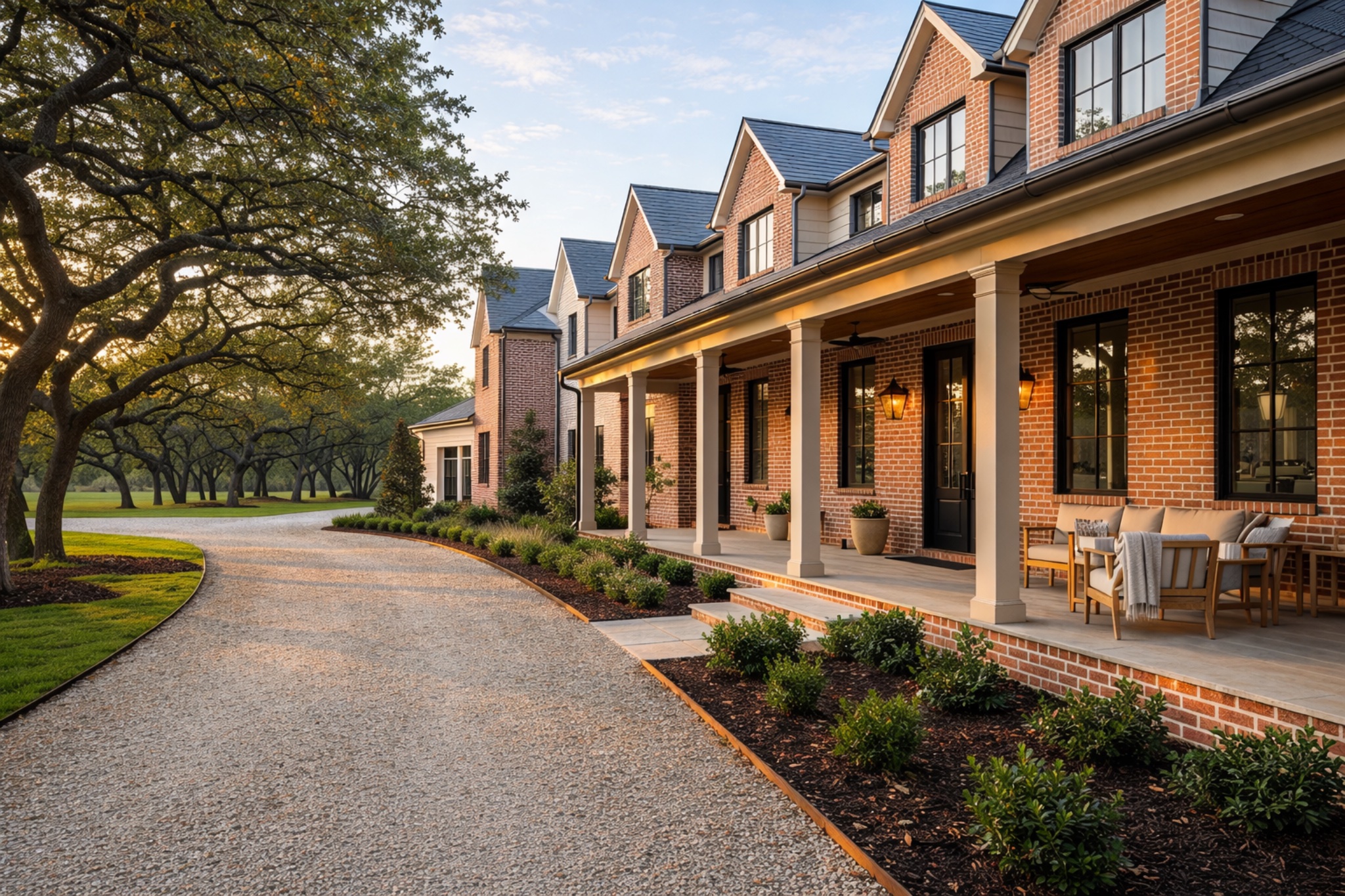 Brick home with a covered porch and a tree-lined driveway