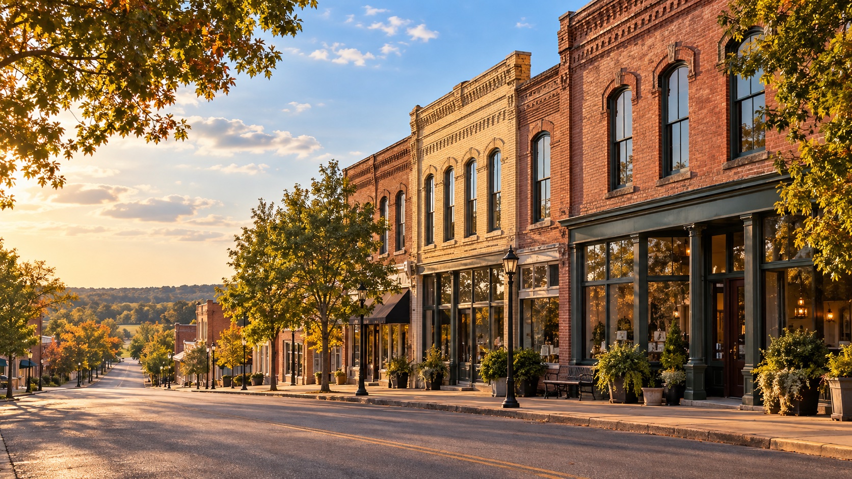 AI-generated illustration of historic brick storefronts inspired by Clarksville