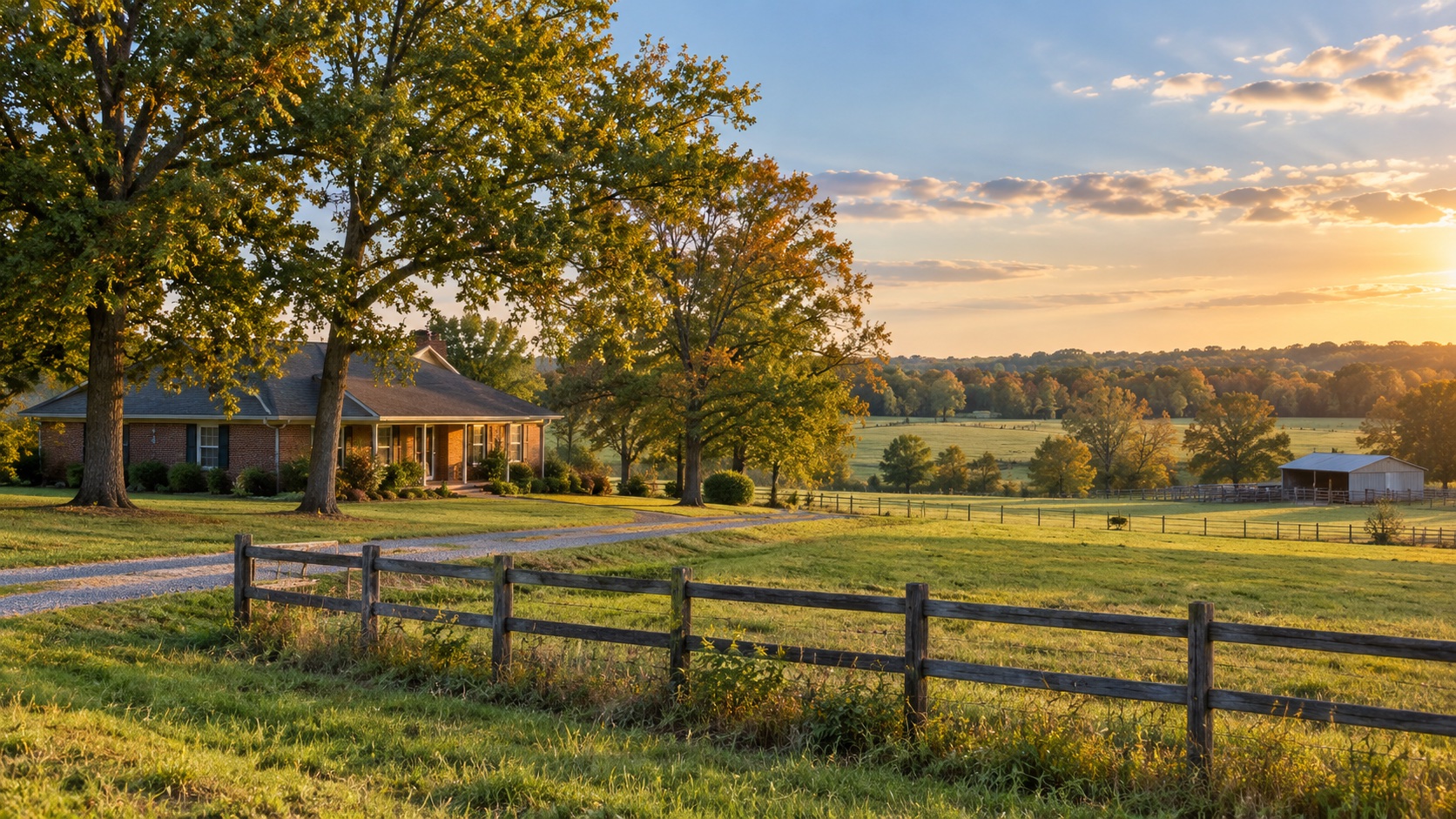 AI-generated illustration of pasture, mature trees, and a country home inspired by De Kalb