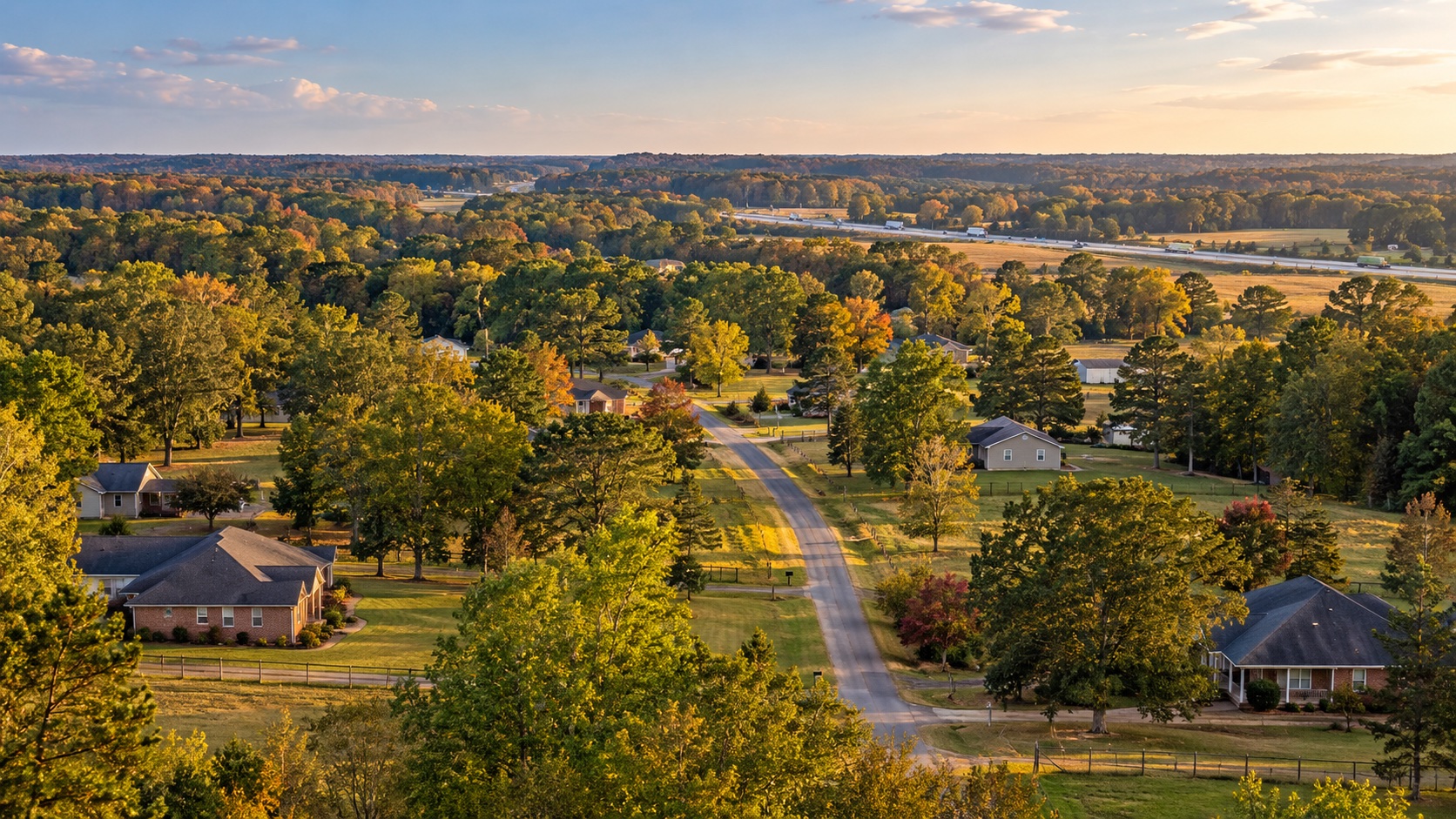 AI-generated illustration of homes, open land, and a local road inspired by Leary