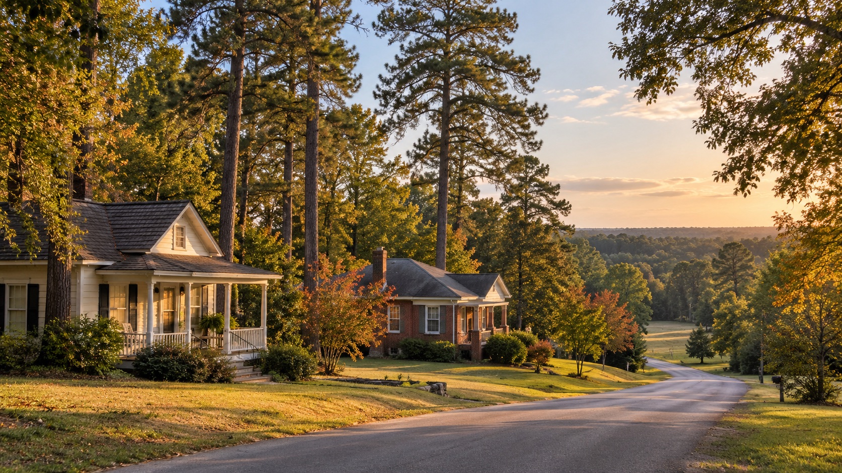 AI-generated illustration of modest homes and tall pine trees inspired by Queen City