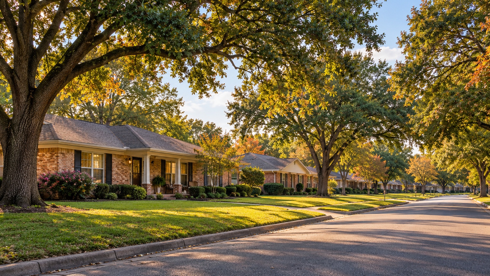 AI-generated illustration of mature oaks and ranch-style homes inspired by Wake Village