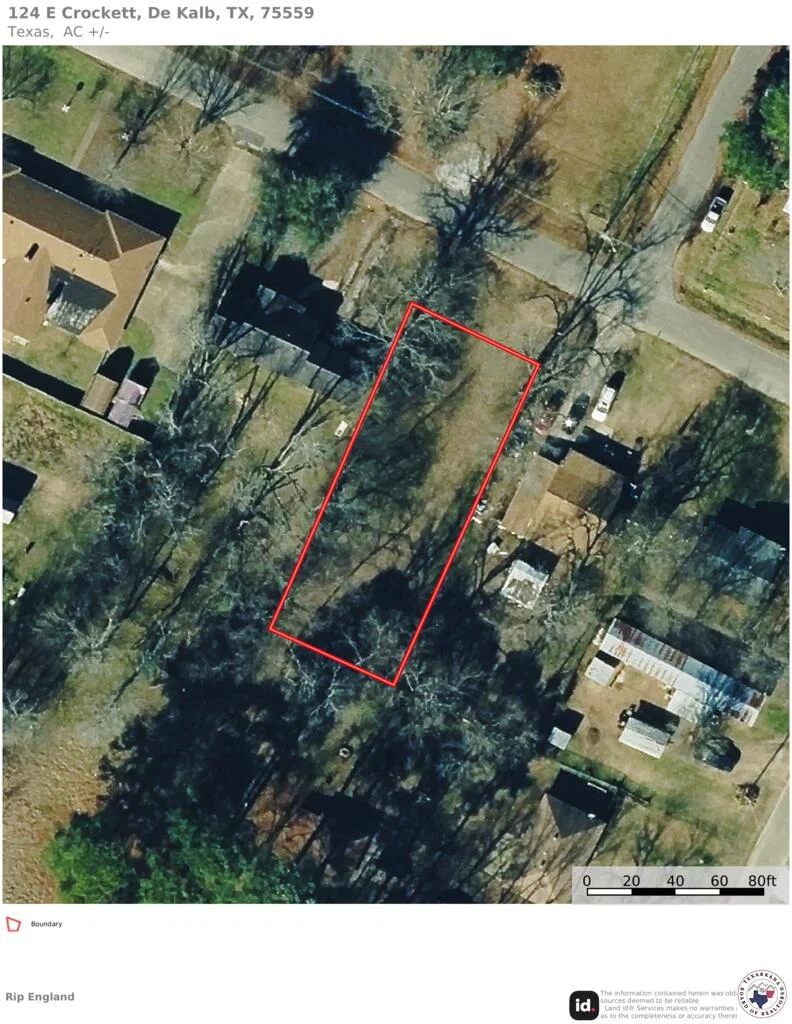 Aerial property map with marked boundaries at 124 E Crockett