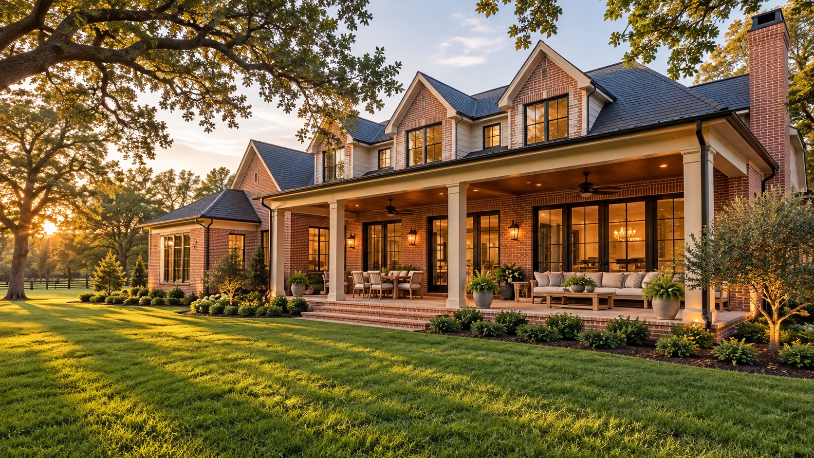 Brick home with a wide covered porch and a landscaped lawn at sunset